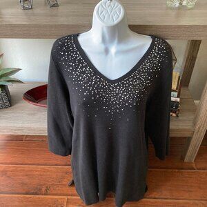 Quacker Factory Black Rhinestone Embellished  3/4 Sleeve Pullover Sweater Large